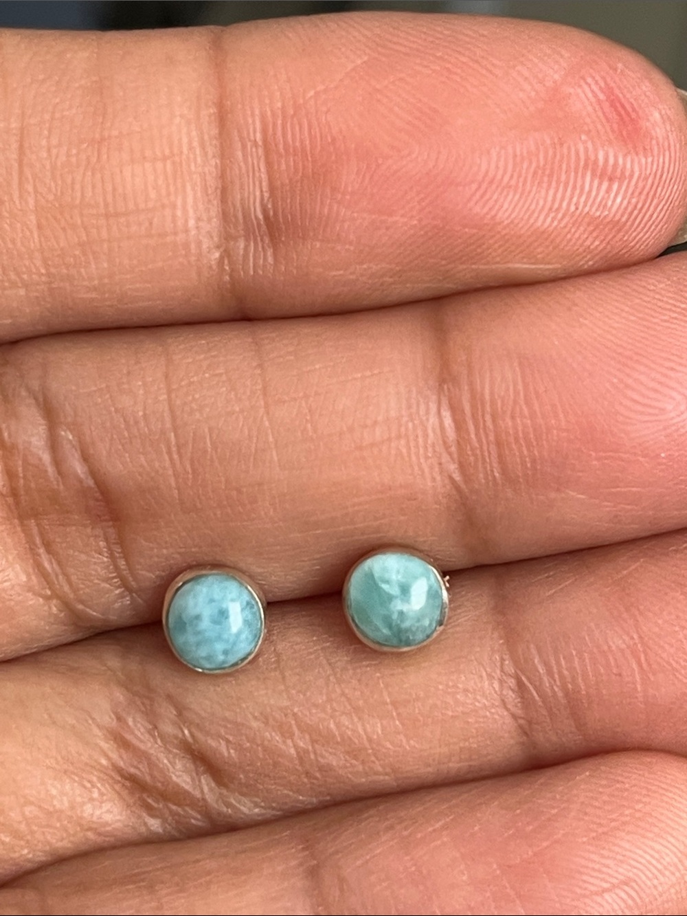 Hand Crafted Larimar Stones Round Stud Earrings - Picture 6 of 7